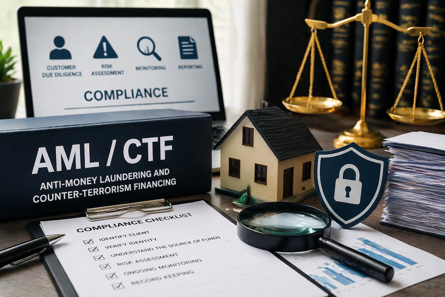 AML/CTF compliance checklist beside a model house, security shield and scales of justice