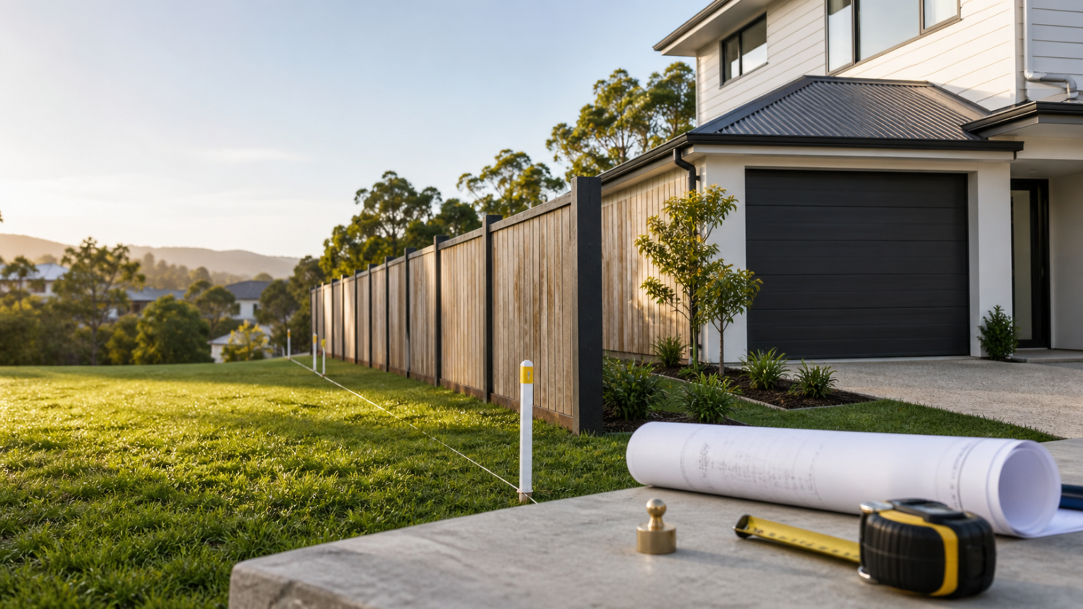 Boundary encroachment Queensland check showing a house, fence and survey markers