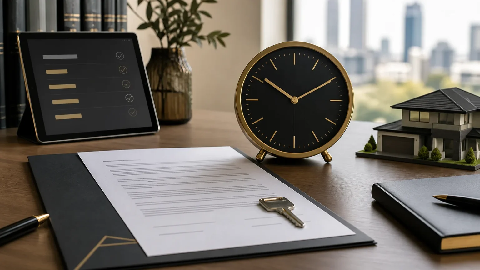 Queensland property settlement documents, clock and house key in a Brisbane office