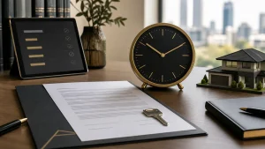 Queensland property settlement documents, clock and house key in a Brisbane office