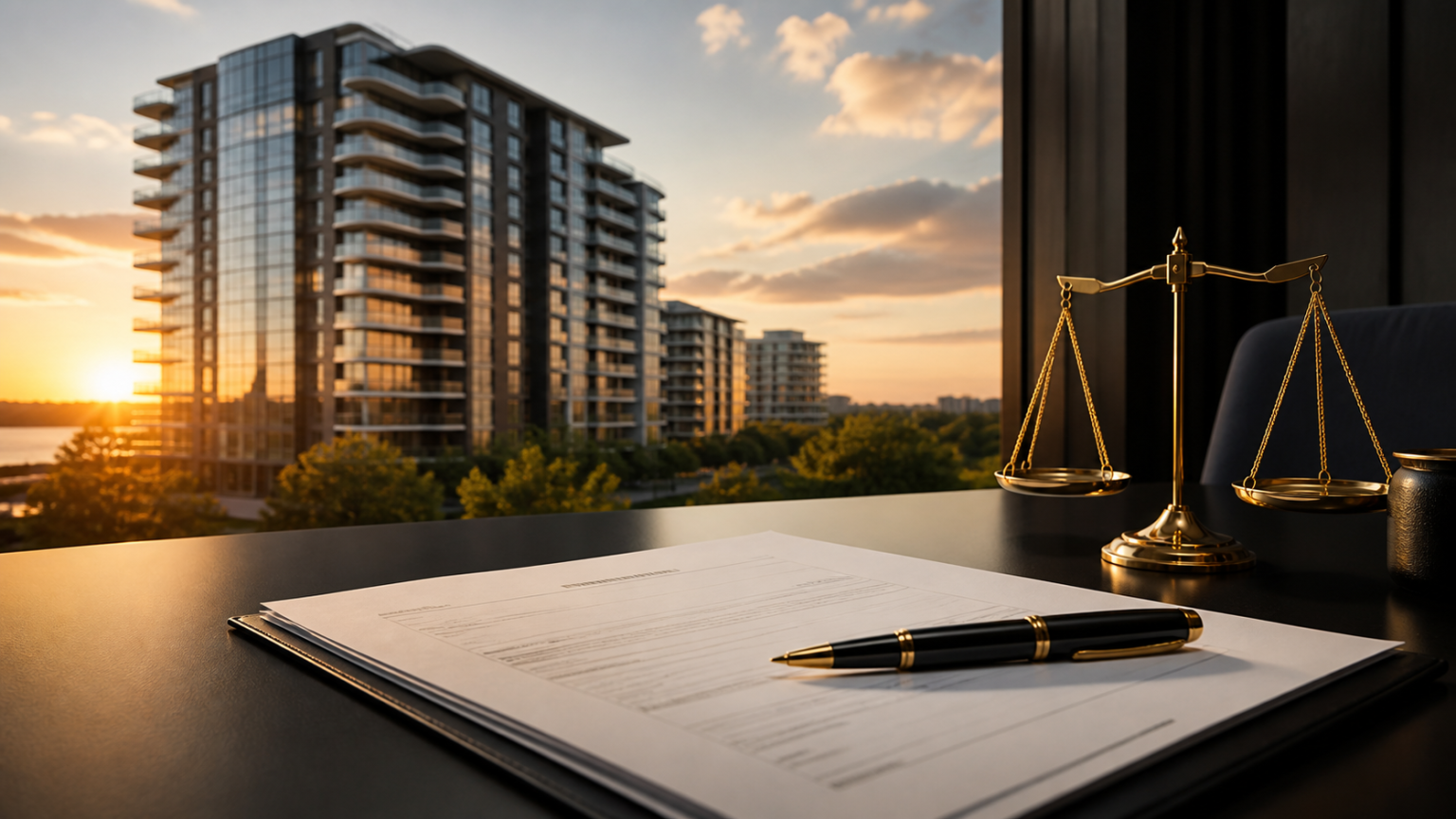 Off-the-plan apartment contract and legal scales at sunset in Queensland